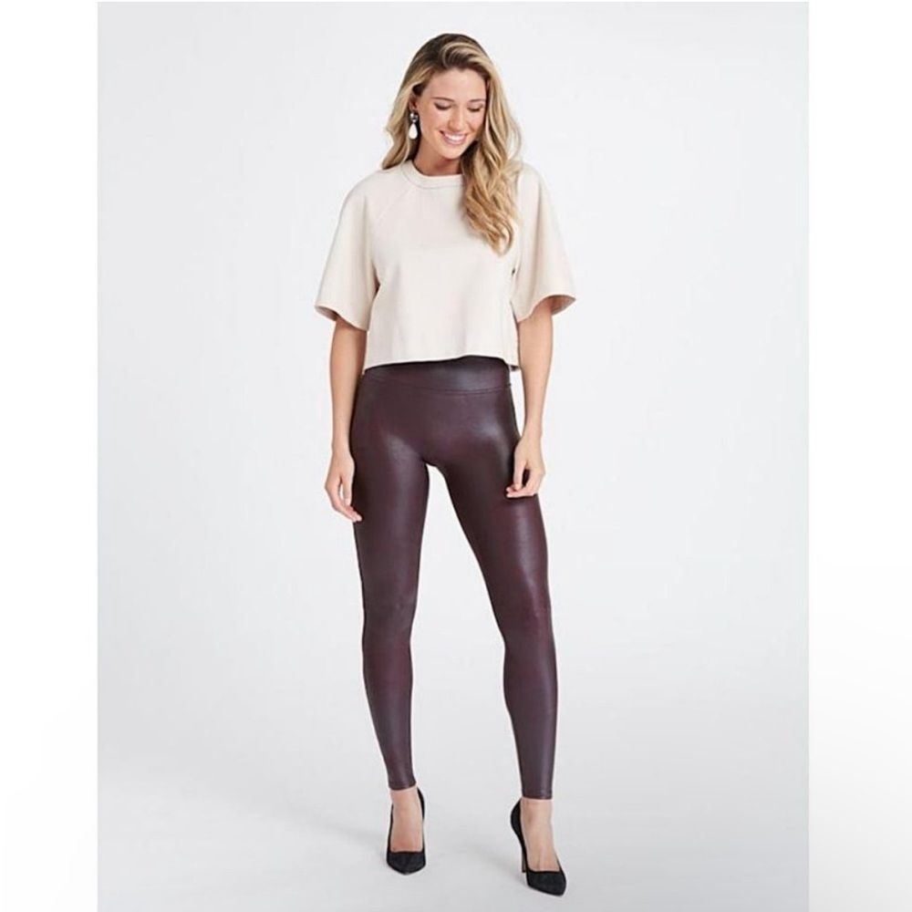 SPANX Burgundy Faux Leather Leggings Size Small Party Date Night Chic Cute